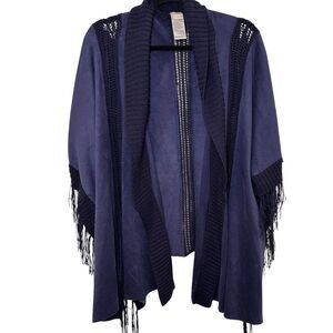 Chico's Cardigan Faux Suede Fringe Poncho Kimono Navy Blue One Size S M L XL XXL